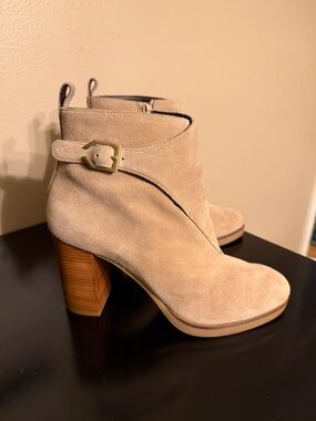 Cole Haan Beige Suede Ankle Booties with Wood Block Heel